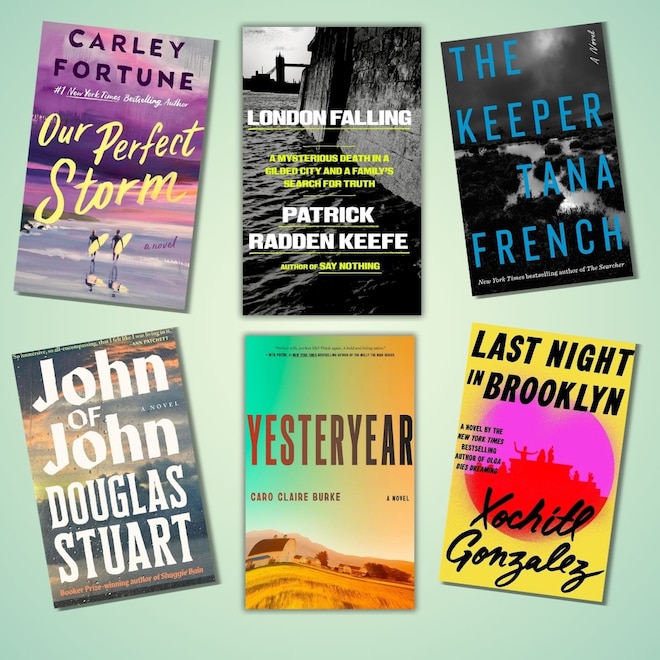 Spring 2026 Book List Graphic: Our Perfect Storm, London Falling, The Keeper; John of John, Yesteryear, Last Night in Brooklyn